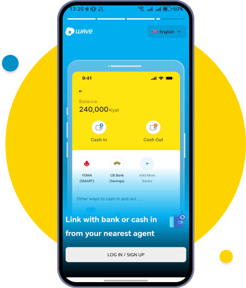 To register to Wave wallet, please tap SIGN UP. You can choose your preferred language in the top right corner.