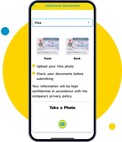 Select your Work Permit type. Tap “Take a
Photo” or upload scanned images of front and back
sides of your Work Permit.