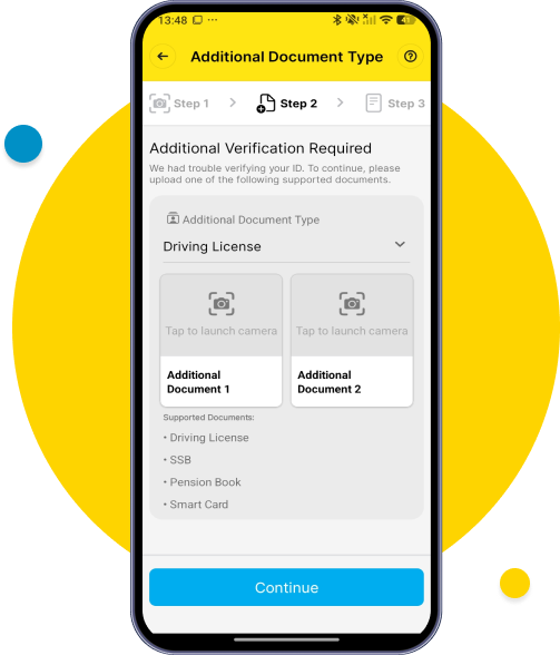 If  your NRC isn't scanning properly, additional documentation is required. Please upload additional ID (front and back). Tap Continue once uploaded.