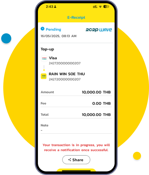 You can view the top-up status. If the merchant is still processing, a pending screen will be displayed.